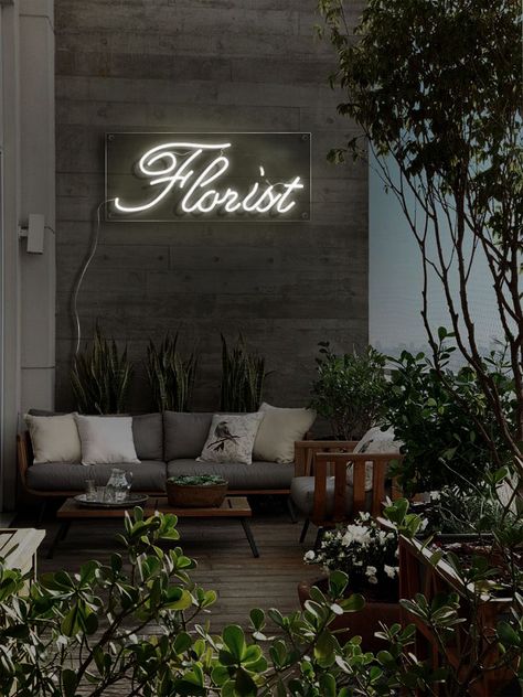 Neon sign Garden Neon Sign, Neon Sign And Flowers, Neon Light With Greenery, Restaurant Flower Wall Neon, Florist Neon Sign, Neon Flowers, Neon Sign, Florist, Neon Signs