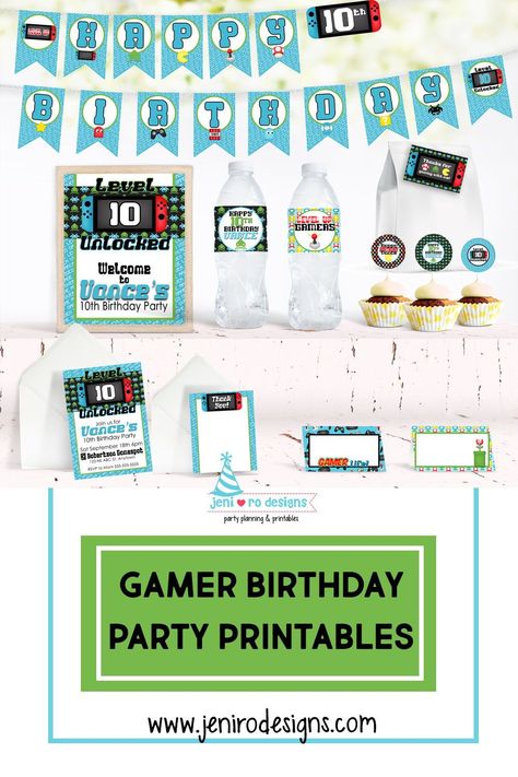 Gamer Free Printable, Gamer Party Printables Free, Level 10 Birthday Party, Gamer Birthday Party Ideas, Gamers Party Ideas, Video Game Birthday Party Decorations, Video Game Party Decorations, Indoor Birthday Parties, Birthday Party Props