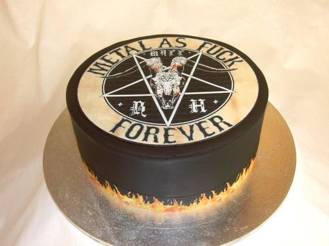 Heavy metal cake with black fondant and flames (sorry about the language) Heavy Metal Birthday Party Decorations, Metal Birthday Cake, Dark Desserts, Gothic Groom, Heavy Metal Wedding, Metal Birthday, Rock And Roll Birthday, Wedding Cake Images, Black Fondant