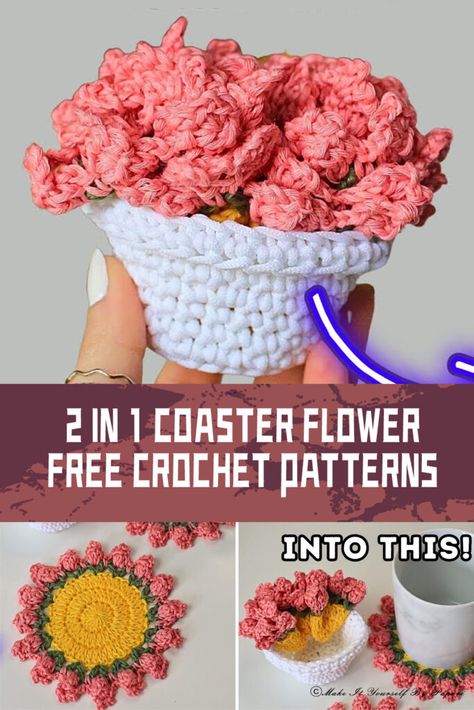 2 in 1 Coaster Flower FREE Crochet Patterns Flower Bouquet Crochet Coasters, Flowerpot Crochet Coasters, Free Crochet Flower Coaster Patterns, Cactus Coasters Crochet, Crochet Flower Coasters In Pot, Crochet Coasters And Holder Free Pattern, Crochet Flower Placemats, Crochet Cup Coaster Free Pattern, Flower Crochet Coasters