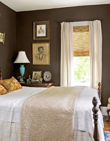 a very interesting brown bedroom.  don't see too many of those. Brown Bedroom Walls, Chocolate Brown Bedrooms, Dark Brown Walls, Brown Rooms, Brown Bedroom, Dark Walls, Brown Walls, Country Bedroom, Trendy Bedroom