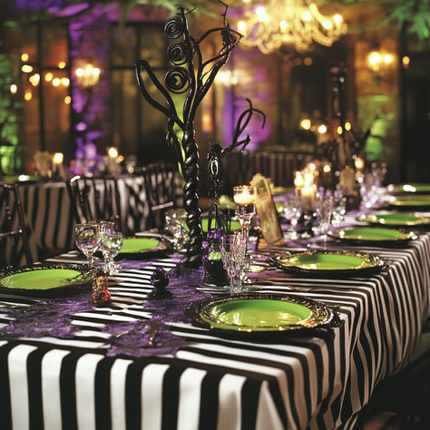 Read our new blog about creating your own Beetlejuice themed party Bettle Juice Party Theme, Beetlejuice Themed Dinner, Beetlejuice Tablescape, Cute Halloween Party Ideas Decorations, Beetle Juice Dinner Party, Beetlejuice Balloons, Beetlejuice Table Decor, Tim Burton Themed Party Food, Beetlejuice Centerpiece