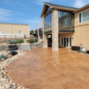 Stained Concrete Patio Ideas, Stained Patio, Stained Concrete Patio, Concrete Stain Patio, Gold Concrete, Backyard Parties, Concrete Color, Stamped Concrete, Stained Concrete