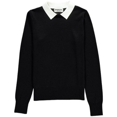 Essentiel Nagoya Collared Sweater - Black (5415 TWD) ❤ liked on Polyvore featuring tops, sweaters, shirts, long sleeves, black, lightweight long sleeve shirt, python shirt, long sleeve tops, extra long sleeve shirts and long sleeve sweater Black Shirt With White Collar, Long Sleeve Shirts Black, Collared Shirt And Sweater, Holiday Shirt Ideas, Holiday Sweaters, Form Fitting Tops, Sweaters Black, Collared Sweater, Shirts Long Sleeve