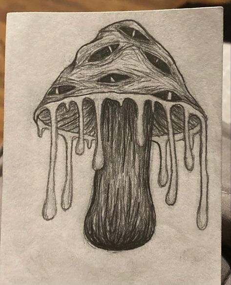 Creepy Mushroom Painting, Schizo Draw, Weird Mushroom Drawing, Easy And Cool Drawings, Shrooms Drawings, Scary Mushroom Drawing, Weird Drawing Ideas Easy, Dark Pencil Drawings, Shroom Sketch