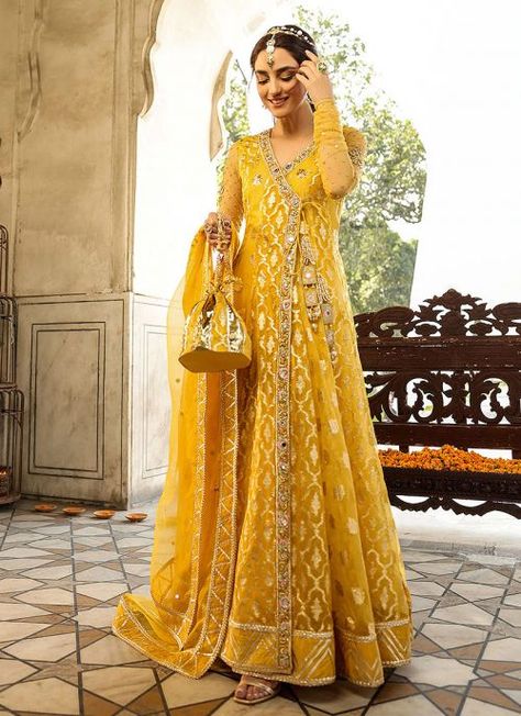 Kundan Zari Embroidered Pakistani Anarkali Yellow Mehndi Dress, Angrakha Frock, Shaadi Dresses, Groom Sister, Pakistani Frocks, Angrakha Dress, Western Gowns, Gota Embroidery, Pakistani Bridal Dress