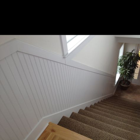 Beadboard stairwell Beadboard Stairwell, Beadboard Entryway, Refinish Stairs, Stairwell Ideas, Stair Paneling, Exterior Barn Doors, Stair Walls, Beadboard Wainscoting, Hallway Walls