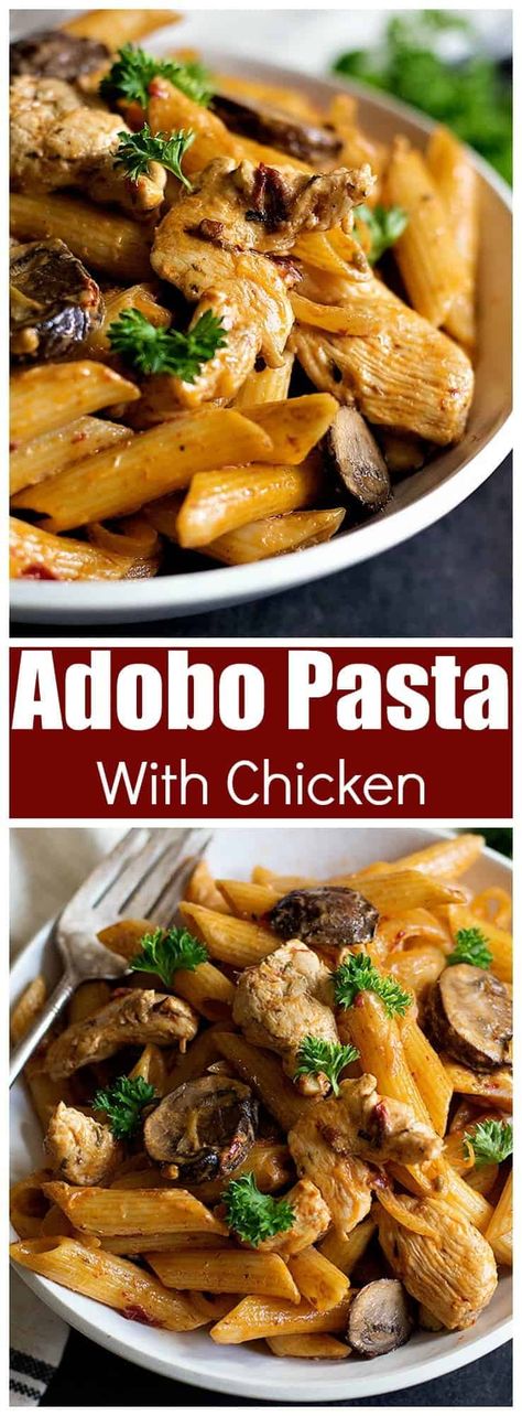 Upgrade your usual dinner with this Adobo Pasta with Chicken. From Unicornsinthekitchen.com #adobo #pasta Adobo Pasta, Good Pasta Recipes, Cold Pasta Dishes, Pasta With Chicken, Adobo Recipe, Adobo Chicken, Yummy Pasta Recipes, Delicious Pasta, Chicken Pasta Recipes