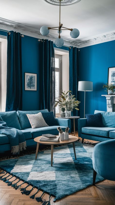 22 Stunning Blue Living Room Ideas: Cozy, Modern, and Stylish Decor Living Room Ideas Cozy Modern, Room Ideas Cozy Modern, Blue Living Room Walls, Living Room Palette, Blue Living Room Ideas, Silver Light Fixture, Fireplace Accent Walls, Blue Walls Living Room, Living Room Ideas Cozy