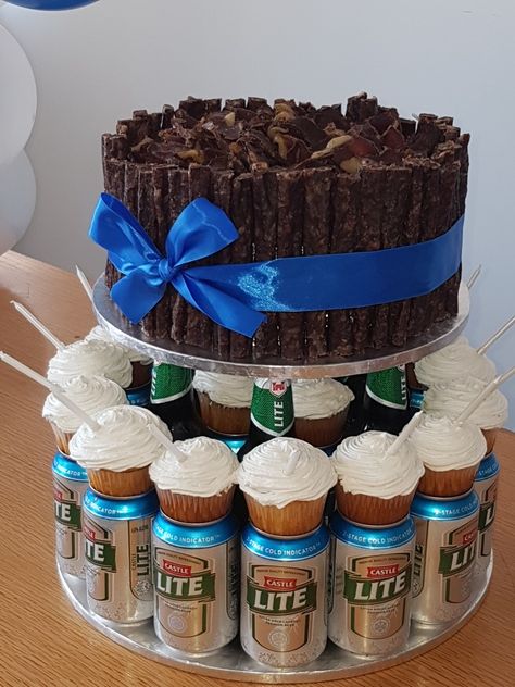 Biltong and Beer Cake. Made this for my boss's birthday. What a hit! He was so impressed...he almost didnt want to share. Beer Can Cakes, Birthday Beer Cake, Beer Cake, Proposals Ideas, Beer Birthday, Gateaux Cake, Birthday Cakes For Men, Beer Party, Hoco Proposals