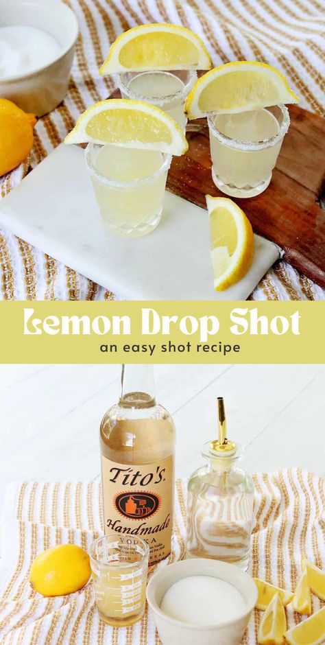 Lemon Drop Shot - A Beautiful Mess Lemondrop Shot Recipe, Chocolate Cake Shot, Easy Shot Recipes, Holiday Shots, Lemon Drop Shots, Homemade Margaritas, Cake Shots, Low Carb Cocktails, Citrus Vodka