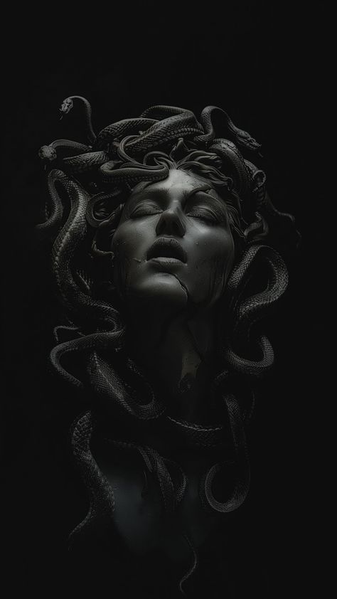 Snakes Aesthetic Dark, Greek Aesthetic Black And White, Medusa Art Aesthetic, Medusa Background Wallpaper, Madussa Wallpaper, Medusa Wallpaper Iphone, Snake Art Aesthetic, Dark Greek Mythology Aesthetic, Medusa Wallpaper Aesthetic