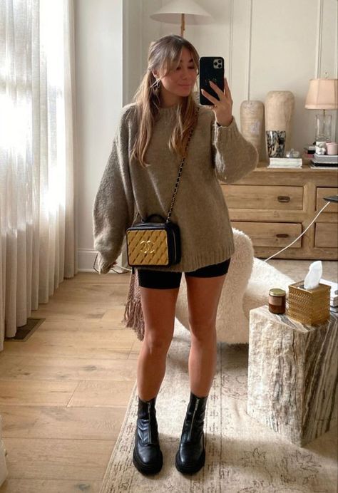 Biker Short Winter Outfit, Sweater Biker Shorts Outfit, Cycling Shorts Jumper Outfit, Biker Shirt Outfit Fall, Biker Shorts Long Sleeve Outfit, Shirt With Jumper Outfit, Oversized Hoodie And Biker Shorts Outfit, Biker Shorts And Pullover Outfit, Biker Shorts Boots Outfit