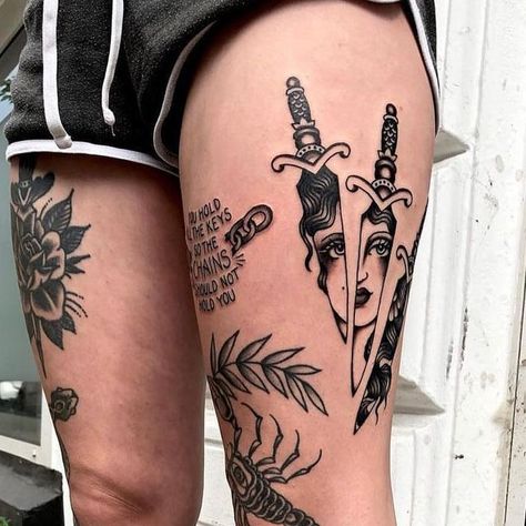 Alt Women Tattoos, Dagger Leg Tattoo, Women Traditional Tattoo, Meaningless Tattoos, Traditional Tattoo Leg Sleeve, Traditional Thigh Tattoo, Traditional Back Tattoo, Tattoos Abstract, Traditional Hand Tattoo