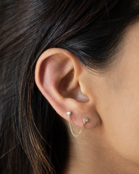 Gold Double Piercing, Piercing Placement, Double Ear Piercing, Double Earring, Double Stud Earrings, Second Hole Earrings, Double Ear Piercings, Ear Piercing Studs, Lobe Piercings