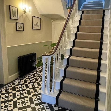 Victorian replica hallway vinyl effect tiles look so stylish in this hallway. In the home of @yorkshire_1829_renovation. The tiles are by Amtico. Vinyl Flooring Hallway Entryway, Amtico Flooring Hallway, Lvt Flooring Hallway, Tiles Hall, Hallway Stairs Ideas, Hall Stairs And Landing, Tuesday Transformation, Tile Effect Vinyl Flooring, Stairs Vinyl