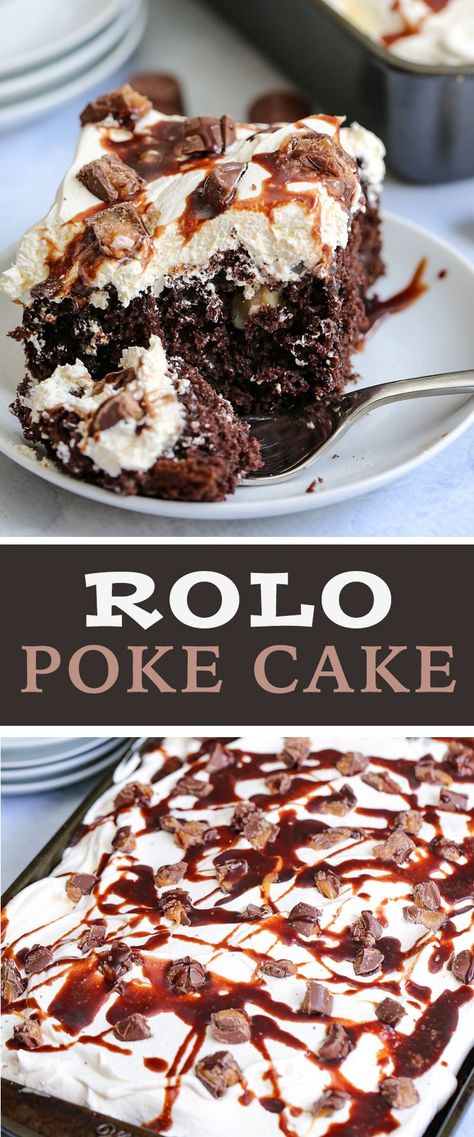 Rolo Cake Recipe, Rolo Dessert, Rolo Cake, Chocolate Poke Cake, Chocolate And Caramel, Poke Cake Recipes, Poke Cakes, Birthday Desserts, Fudge Sauce