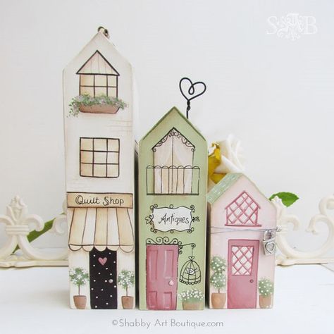 DIY - shabbilicious Village Shops by Kerryanne English for Shabby Art Boutique.com © 2011 Shabby Art Boutique, Small Wooden House, Wood Block Crafts, Art Boutique, Village Shop, Decor Shabby Chic, Block Craft, Wooden Houses, Small Houses