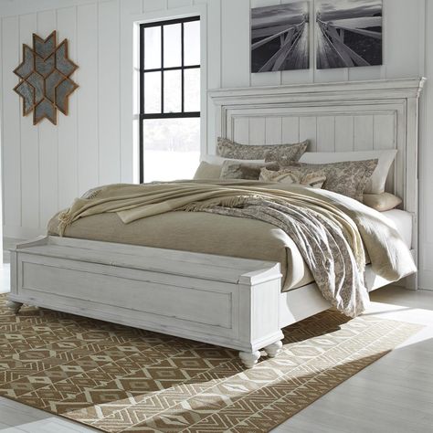 Signature Design by Ashley Kanwyn King Storage Bed in Distressed Whitewash | Nebraska Furniture Mart Upholstered Storage Bed, King Storage Bed, Quaint Cottage, Queen Panel Beds, Upholstered Panel Bed, Upholstery Cushions, Bedroom Panel, Upholstered Panels, Panel Headboard