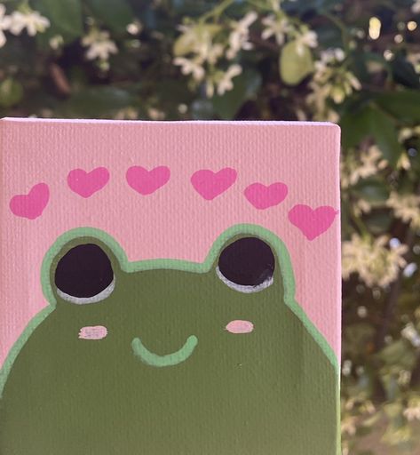 Flower Painting Easy Simple, Easy Frog Paintings On Canvas, Pink And Green Canvas Art, Frog Canvas Painting Easy, Painting Ideas Frogs, Frog Painting Acrylic Easy, Pink And Green Painting Ideas, Indi Drawing, Cute Frog Painting Easy