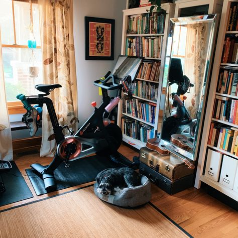 The compact size of this bike made it an easy addition to my home office.    #peloton #officegym #homegym #smallspaces #setup #pelotonsetup Cute Peloton Setup, Peloton Bedroom Ideas, Peloton In Bedroom, Peloton Office, Peloton Setup, Office Ideas Work, German Apartment, Office/workout Room, Peloton Room Ideas