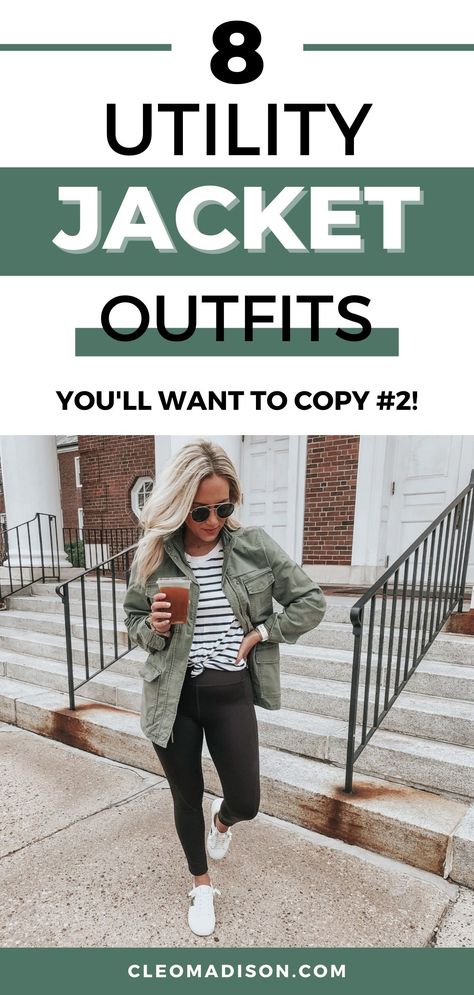 8 Utility Jacket Outfits To End Your Fashion Slump - Cleo Madison Jackets For Office Women, Outfits With Green Jacket Casual, How To Style Green Utility Jacket, Fall Jacket Outfits Women, Olive Green Cargo Jacket Outfit, Styling Utility Jacket, Utility Jacket Outfit Winter, Green Utility Jacket Outfit Fall, Utility Jacket Outfit 2023