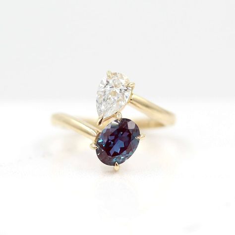 Toi et Moi Diamond and Alexandrite Bypass Ring in Yellow Gold Traditional Engagement Ring, Gem Engagement Rings, Nontraditional Engagement Rings, Traditional Engagement, Gemstone Rings Vintage, Traditional Engagement Rings, Alexandrite Engagement Ring, Traditional Diamond, Modern Engagement Rings