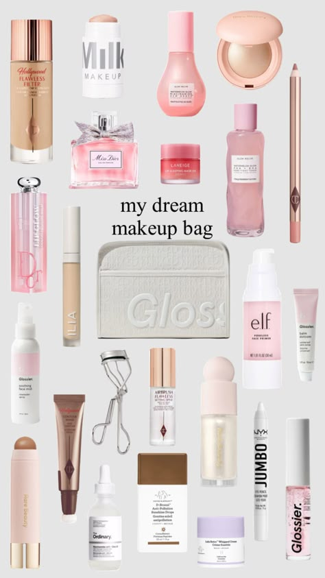 My Makeup Bag Products, Dream Makeup Bag, List Of Makeup Essentials, Tiktok Made Me Buy It Makeup, That Girl Makeup Products, Makeup Wishlist Ideas, It Girl Makeup Products, Makeup Layout On Face, Makeup Artist Must Haves Products