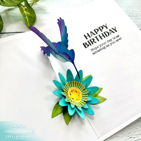 Crafting By Carol: Surprise Pop-Up Hummingbird Card Hummingbird Birthday Cards, Diy Cards For Mom, Hummingbird Crafts, Hummingbird Craft, Pop Up Cards Diy, Hummingbird Cards, Hummingbird Card, Spellbinders Christmas Cards, 3d Cards Handmade