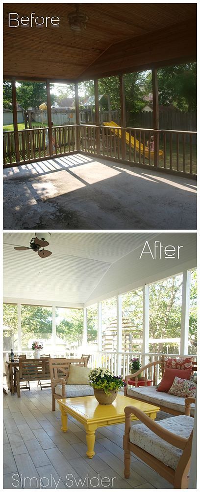 Screened Porch Bright Makeover                                                                                                                                                                                 More Enclosed Porch Decor, Porch Kits, Wood Porch, Balkon Decor, Back Porches, Building A Porch, Porch Makeover, Yellow Table, Screen Porch