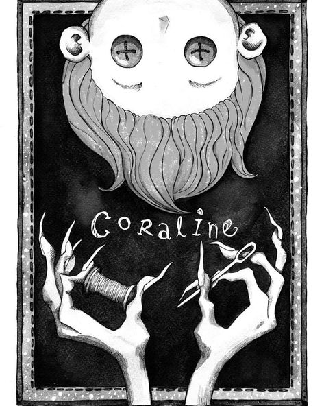 Took a day off from illustrating my picture book to work on a wee piece for fun! Coraline is one of my absolute favourite children's books… Coraline Book Cover, Coraline Book, Coraline Drawing, Bookbinding Ideas, Coraline And Wybie, Coraline Art, Coraline Aesthetic, Creepy Drawings, Books Characters