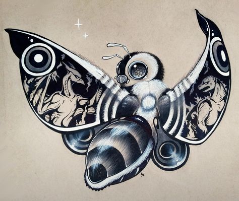 Mothra Tattoo, Godzilla Tattoo, Black And White Tattoo, Nerdy Tattoos, Tattoo For Boyfriend, Nightmare Before Christmas Tattoo, Tan Tattoo, Queen Tattoo, Raven Tattoo