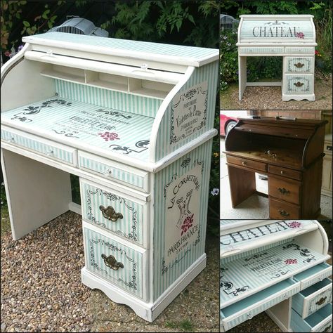 Shabby chic painted roll top desk in Annie Sloan paints with French stencilling, by Imperfectly Perfect Painted Roll Top Desk, Shabby Chic Craft Room, Shabby Chic Furniture Painting, Shabby Chic Art, Lacquer Furniture, Imperfectly Perfect, Roll Top Desk, Decoupage Furniture, Annie Sloan Paints