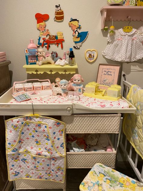 50s Nursery Aesthetic, 50s Nursery, Folding Changing Table, Yesteryear Memories, Vintage Barbie Nursery, Nursery Kitsch, Baby Memorabilia, Vintage Baby Gear, 1950s Childrens Dresser