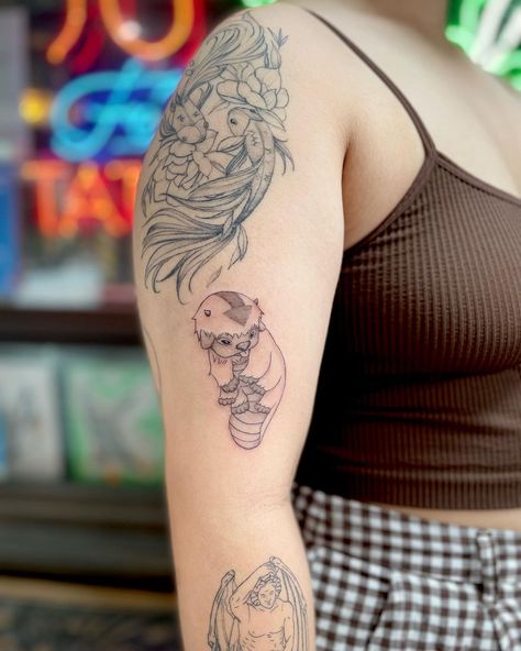 Atla Appa Tattoo, Atla Inspired Tattoo, Avatar Appa Tattoo, Atla Tatoos, Avatar Inspired Tattoos, Small Tattoos Anime, Atla Tattoo Ideas, Appa Avatar Tattoo, Small Atla Tattoo