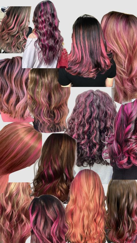 Dyeing Hair Ideas, Hot Pink And Blonde Hair Highlights, Pink Underhair Dye, New Hair Dye Ideas, Dyed Highlights Curly Hair, Brown Hair With Red Highlights Curly, Pink Partial Highlights, Honey Blonde Hair With Pink Highlights, How To Dye Your Hair Without Hair Dye