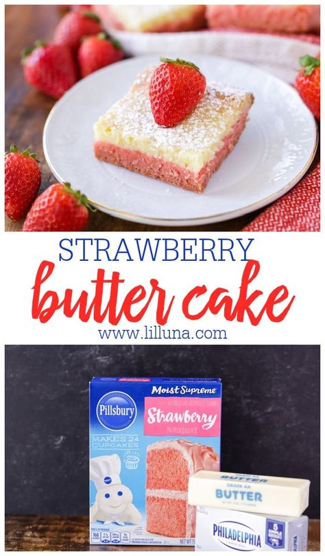 Easy layered Strawberry Butter Cake whips up with only 5 minutes of prep. It's a family favorite that can be enjoyed all year long! #strawberrygooeybuttercake #strawberrybuttercake #strawberrybars #strawberry #gooeybuttercake Strawberry Cake Recipe Box Easy, Strawberry Butter Cake, Boxed Cake Mixes Recipes, Strawberry Butter, Box Recipes, Holiday Cake, Donut Dessert, Cake Strawberry, Strawberry Cake Mix