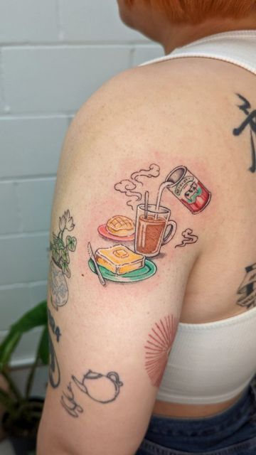 Milk Tea Tattoo, Hong Kong Cha Chaan Teng, French Toast Tattoo, Tea And Toast Tattoo, Sweet Tea Tattoo, Georgina Leung, Cha Chaan Teng, Hong Kong Tattoo, Food Tattoo