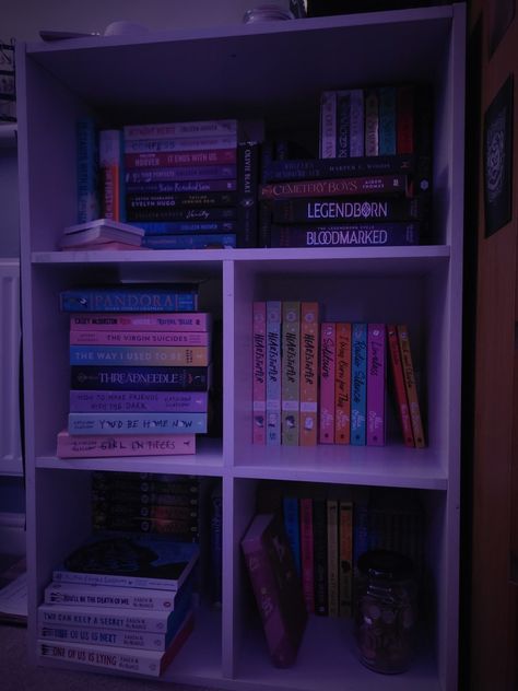 Purple Library Aesthetic, Artist Bedroom Aesthetic, Purple Library, Purple Bookshelves, Bedroom Purple Walls, Bedroom Purple, Artist Bedroom, My Bookshelf, Purple Books