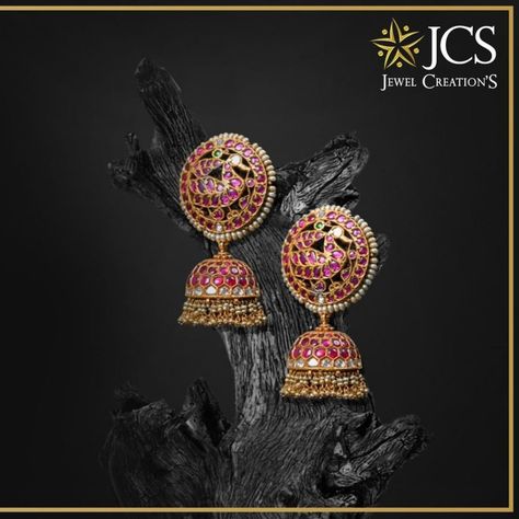 Beautiful Jhumkas From JCS Jewel Creations ~ South India Jewels Temple Jewellery Earrings, Antique Jewellery Designs, Gold Jewelry Simple Necklace, Gold Necklace Indian Bridal Jewelry, Antique Bridal Jewelry, Indian Jewellery Design Earrings, Antique Jewelry Indian, Wedding Jewellery Collection, Black Beaded Jewelry