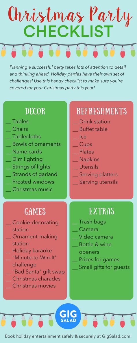 Use this handy Christmas party planning checklist to make sure your celebration doesn't miss a beat! And check out GigSalad.com to find Santa, carolers, bartenders, jazz bands, and more for your holiday party! Christmas Themed Party Decorations, Office Christmas Party Ideas Food, Christmas Party Itenary, Christmas Party List Checklist, Christmas Party For Work Ideas, Christmas Party Activity Stations, Holiday Party Planning Checklist, Christmas Party Timeline, Christmas Activities For Party