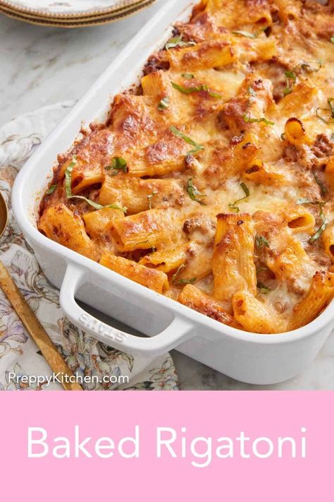 This Baked Rigatoni recipe is a hearty, comforting meal perfect for a crowd. Rigatoni pasta tossed in a delicious meaty sauce and cheese before baked until bubbly and golden brown. It’s excellent for making ahead of time as it reheats and freezes wonderfully! Easy Baked Rigatoni, Baked Rigatoni Recipe, Italian Pasta Bake, Easy Italian Pasta, Rigatoni Recipe, Rigatoni Recipes, Baked Rigatoni, Caprese Salad Recipe, Preppy Kitchen