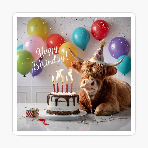 Get my art printed on awesome products. Support me at Redbubble #RBandME: https://www.redbubble.com/i/sticker/Highland-Cow-Birthday-Bash-by-SellingWSarah17/160859758.EJUG5?asc=u Highlander Cows, Highland Cow Birthday, Celebration Stickers, Cow Birthday, Cow Pictures, Funny Happy Birthday, Colourful Balloons, Funny Happy, Free Birthday Invitations