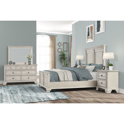 Charlton Home® Stevison Solid Wood Standard 4 Piece Bedroom Set & Reviews | Wayfair Distressed Bedroom Furniture, 5 Piece Bedroom Set, Small Bedroom Storage, Wood Bedroom Sets, Style Anglais, Rustic Fireplaces, Queen Panel Beds, Queen Bedroom, King Bedroom