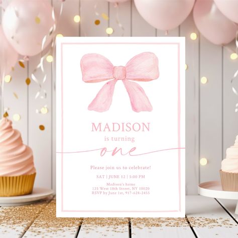 Editable Pink Bow Birthday Invitation Watercolor Bow Birthday Invite Minimalist Ribbon Girl First Birthday Digital Download A742 Bow Theme, Watercolor Bow, Baby First Birthday Themes, Victoria 1, Bow Birthday, Bow Party, Donut Birthday Parties, Donut Birthday, Pink Birthday Party