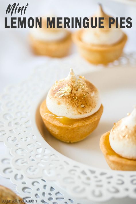 Mini Lemon Meringue Pies are the classic Lemon Meringue Pie in miniature. The perfect sweet finger food recipe that can be assembled at the last minute. #sugarsaltmagic #lemonmeringuepie #lemonmeringuepierecipe #lemoncurd #sweetfingerfood #partyfood #fingerfooddesserts Mini Lemon Meringue Pies, Meringue Pies, Finger Food Desserts, Meringue Pie Recipes, Pies Maker, Individual Desserts, Lemon Meringue Pie, Meringue Pie, Mini Pies