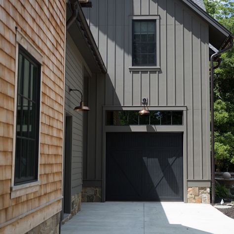 Cedar Siding Exterior, Cottage Exterior Ideas, Windsor Windows, Hardie Board Siding, Cedar Shake Siding, Hardie Board, Shake Siding, Hardie Siding, Wood Garage Doors