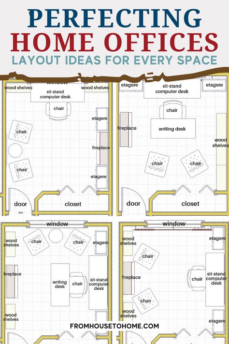 Perfect home office layouts for every space. Long Home Office Layout, 12x16 Office Layout, 9x12 Office Layout, Study Design Ideas Layout, Multi Use Office Space, Small Home Office Layout Ideas, Long Narrow Office Space Ideas, Rectangle Office Layout Ideas, Square Office Layout Ideas