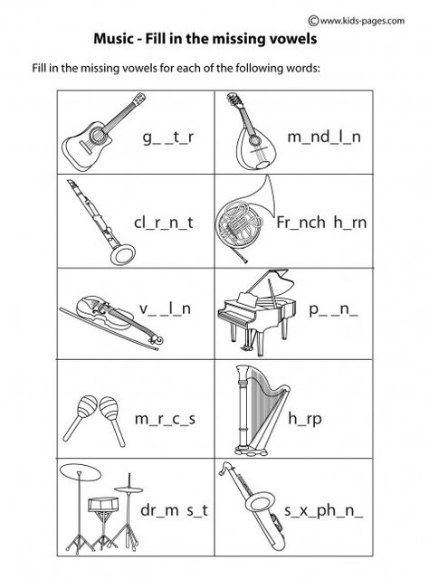 Instruments - Fill In B&W worksheets Music Instruments Kids, Music Activities For Kids, Music Theory Worksheets, Fun Worksheets For Kids, Print Handwriting, Kids Worksheets, Music Worksheets, English Worksheets For Kids, Kids Math Worksheets