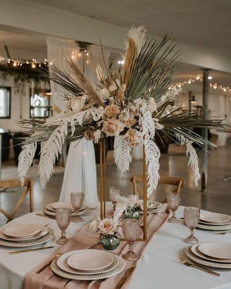 Honeywood Event + Tent on Instagram: "A breezy, boho, blush-loving dream come true. 🌾✨🌸 Ft. Elle blush plates, Willow chargers, pink goblets, Celine flatware, dusty rose chiffon runner Photo @xoxomollyjane Planning + Design @memoriesmanagedde Florals @flowerbox_by_littlenika Venue @vanderwendeacres Tableware + Linens @honeywoodrentals" Wedding Colora, Chiffon Runner, Pink Goblets, Wedding Bridal Table, Pink Boho Wedding, Boho Wedding Colors, Blush Decor, Dusty Pink Weddings, Pink Wedding Decorations